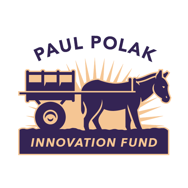 A dark blue donkey pulls a cart with a golden sunburst in the background. The title reads Paul Polak Innovation Fund.